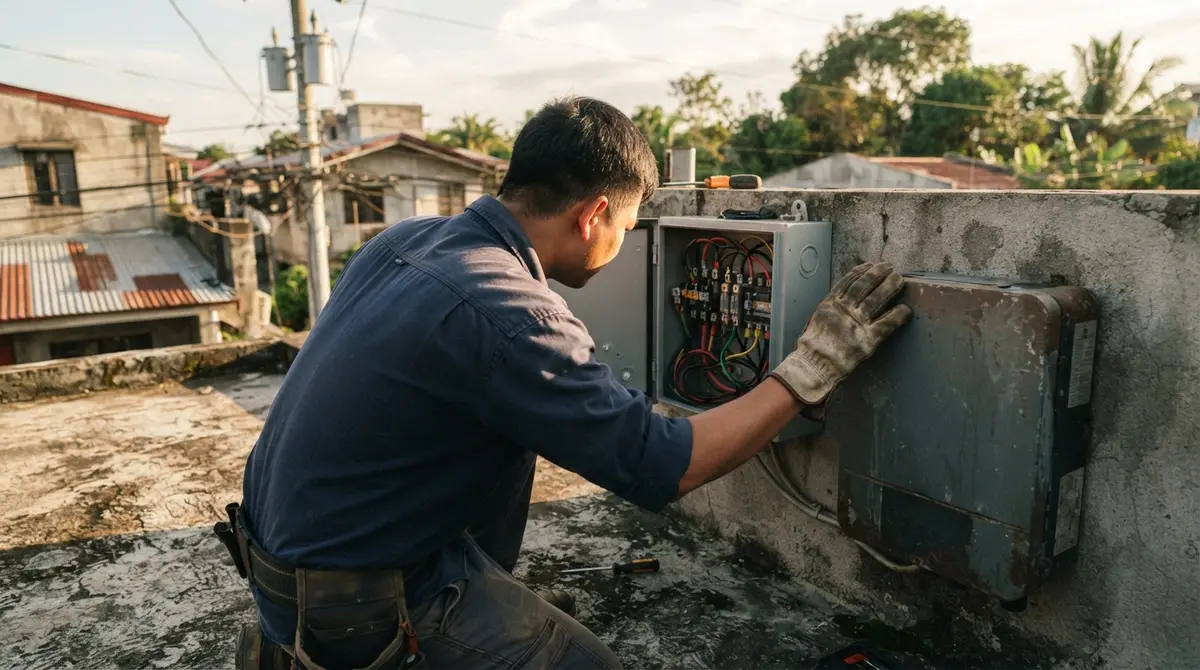 A technician inspects the open wiring of an electrical box on a sunlit concrete rooftop.
