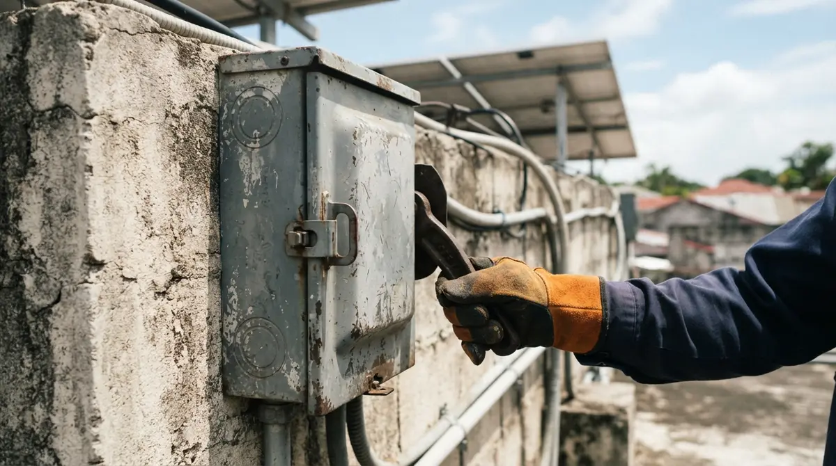 A hand reaches toward a weathered electrical power switch mounted on a concrete wall.