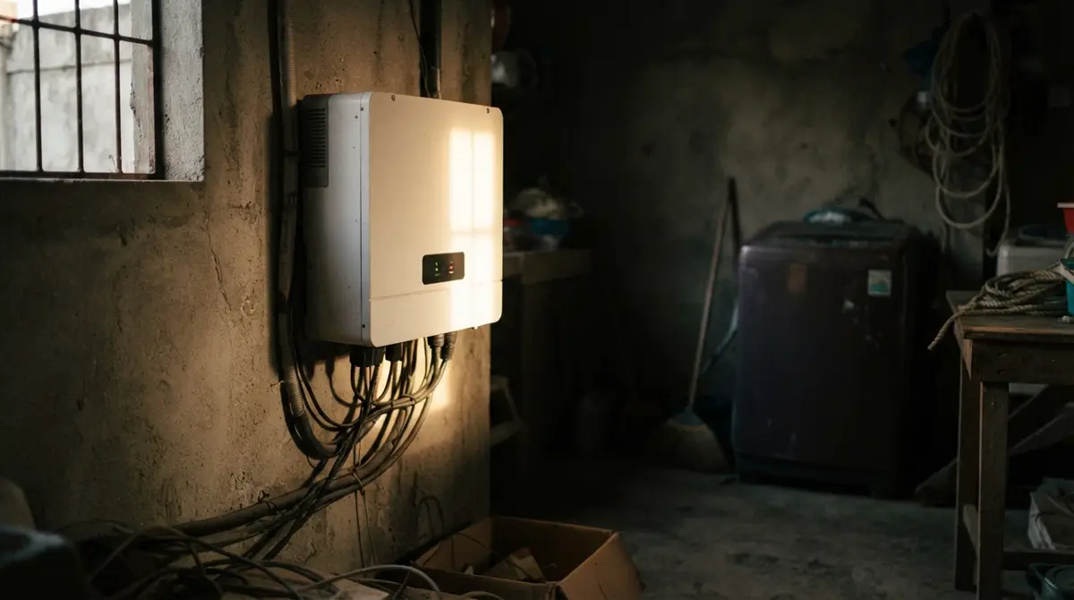 A wall-mounted solar power inverter with thick electrical cables inside a concrete room.