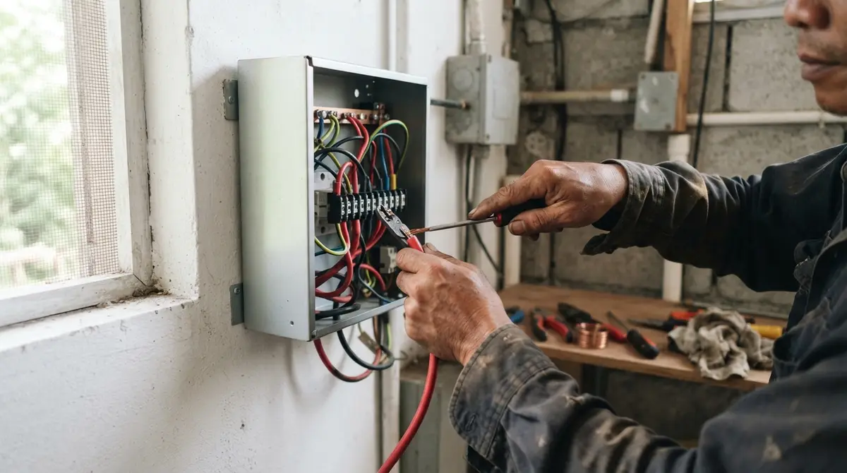 Close-up of hands connecting electrical wires to a metallic inverter box on a concrete wall.