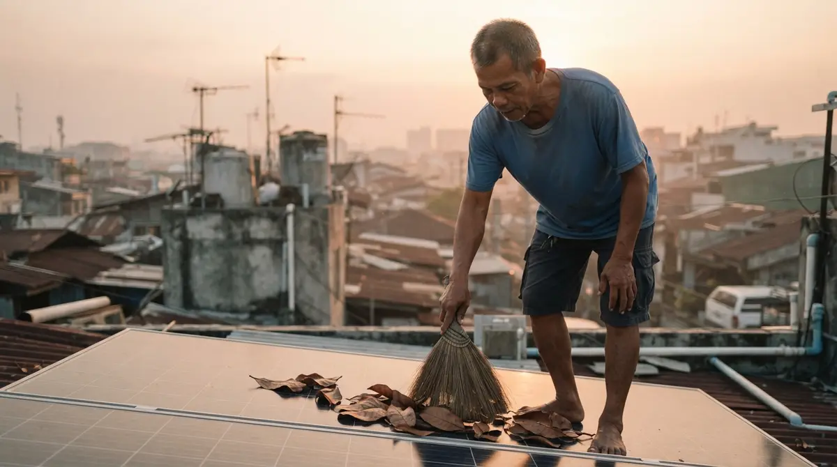 A person sweeps leaves off a solar panel on a rooftop during a golden sunset.