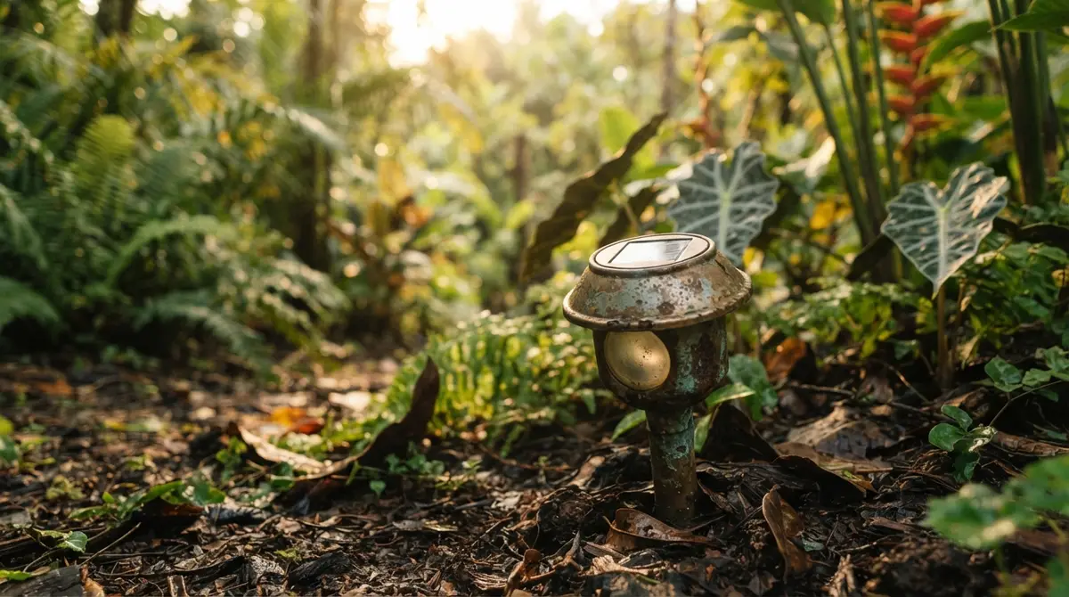 A small solar garden light stands among tropical green leaves during the golden hour.