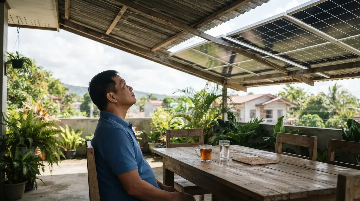 A man looks up toward solar panels mounted on a corrugated steel roof.