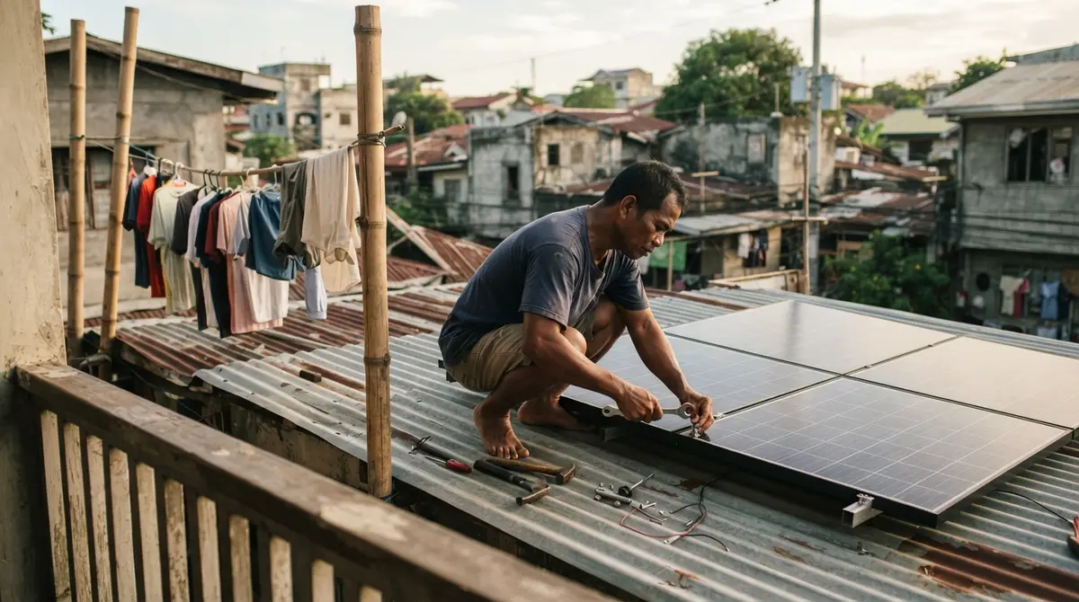 A man works on solar panels installed on a corrugated metal roof near drying laundry.