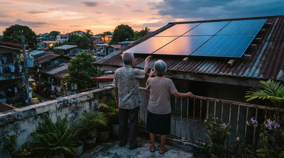 An elderly couple points toward solar panels installed on a residential roof at sunset.