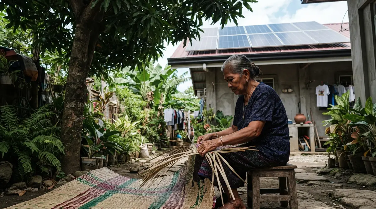 A woman weaving a mat beneath a tree with solar panels visible on the roof.