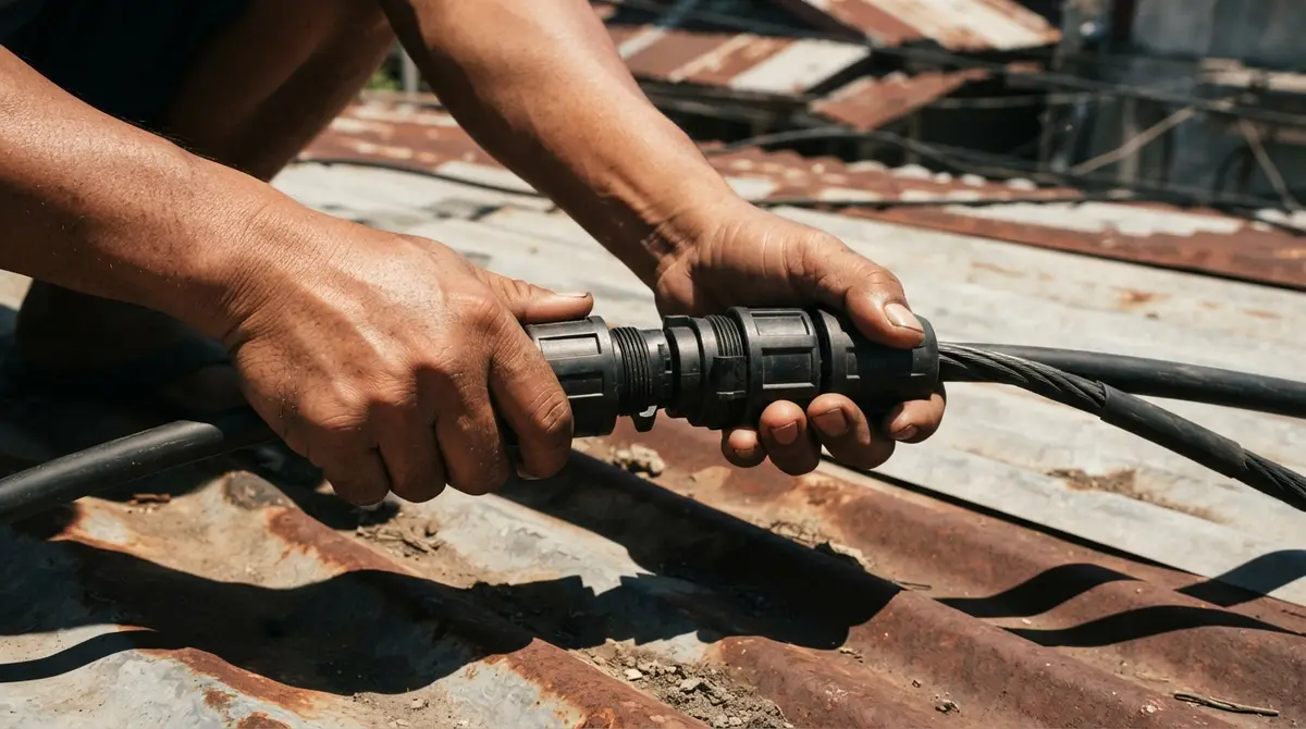 Hands clicking together black weather-resistant solar cable connectors on a metal roof
