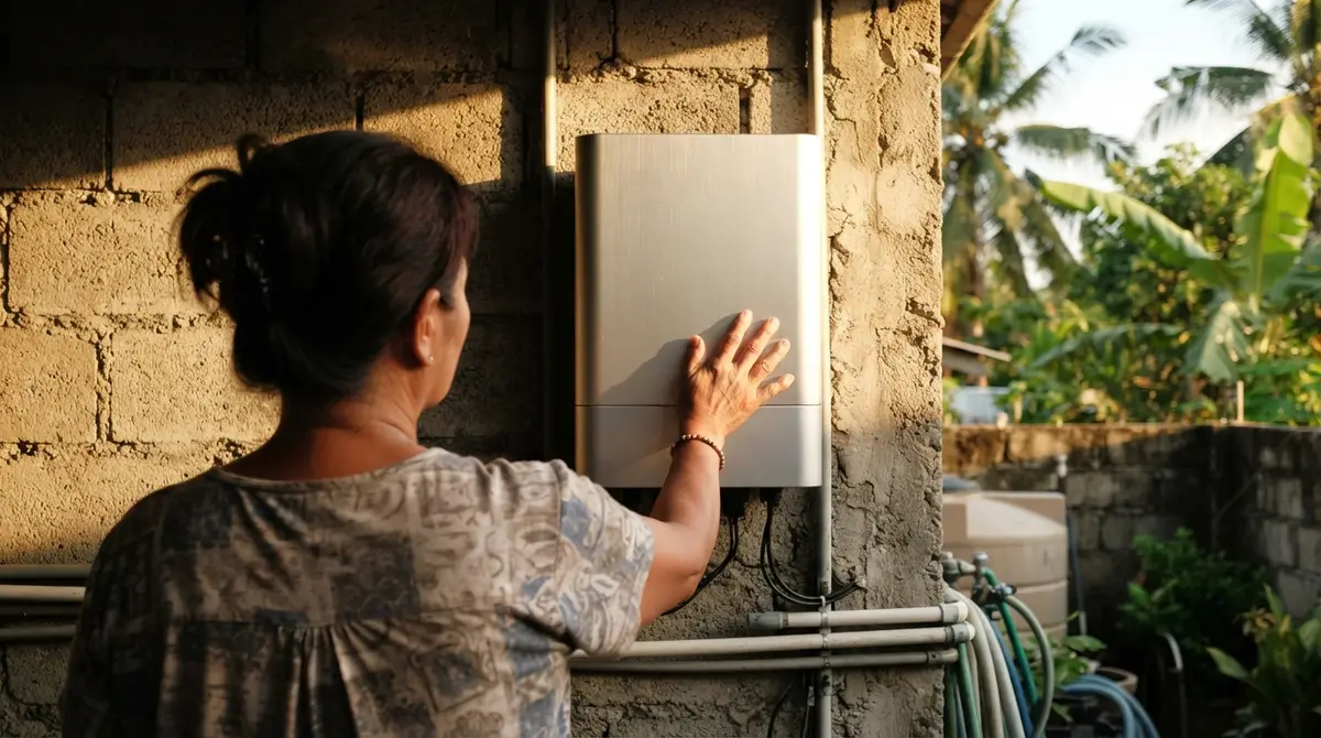Close-up of a hand resting on a clean inverter mounted to a concrete wall.