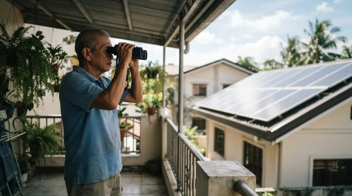 An older person looks through binoculars at solar panels on a sunlit rooftop.