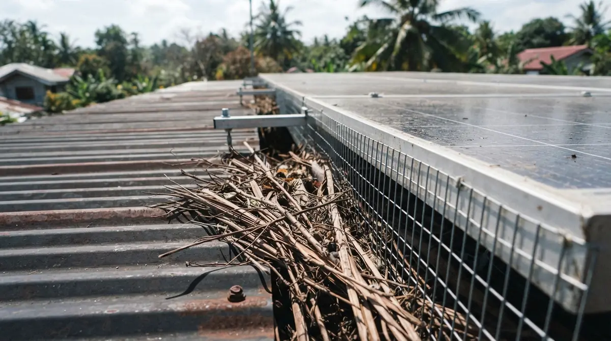 Twigs and dry leaves piled beneath a solar panel array blocked by steel wire mesh.