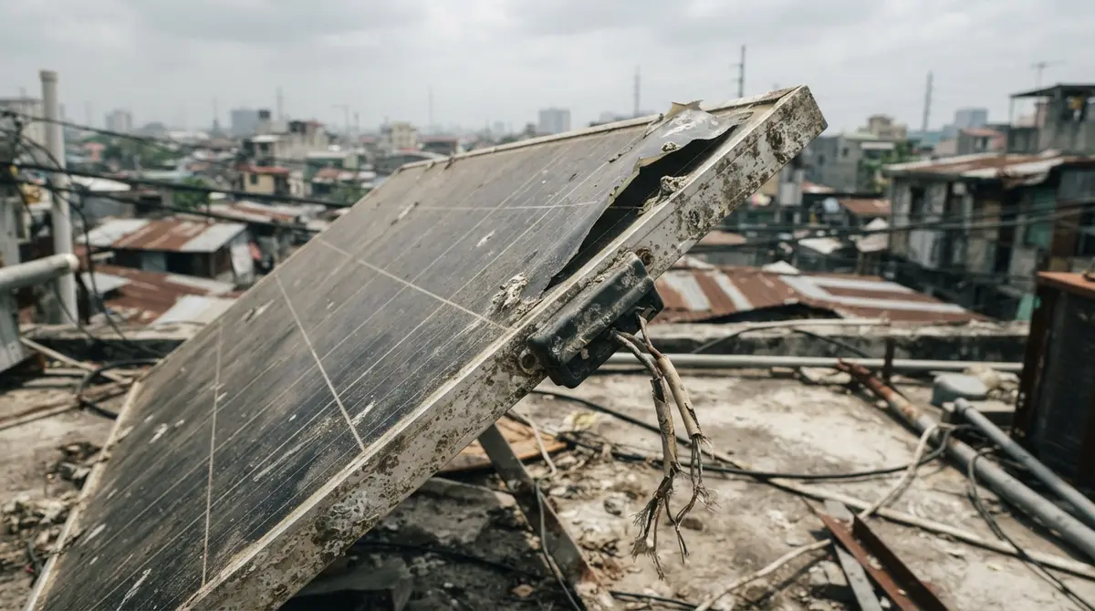 A battered solar panel with a corroded frame and frayed cabling on a rooftop.