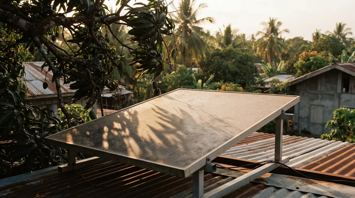 Shadow of a mango tree branch falling across the surface of a solar panel.