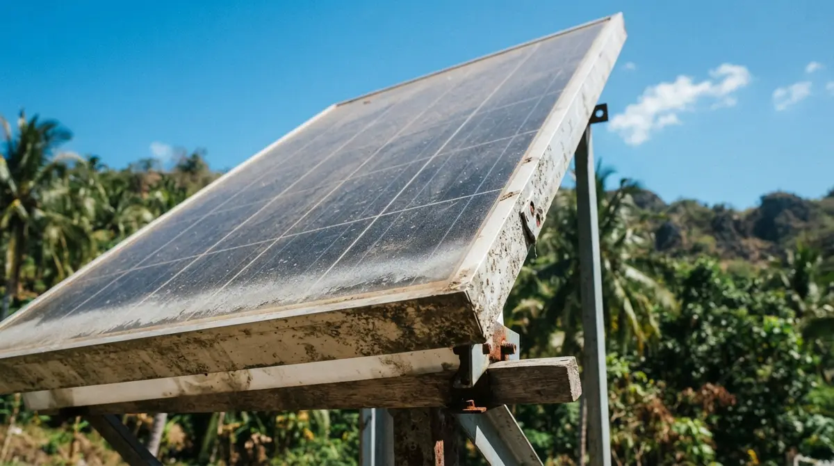 A weathered solar panel with dust and salt haze under a clear blue sky.