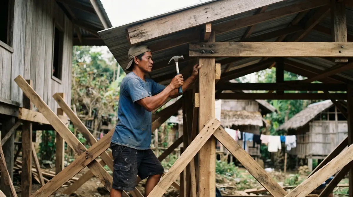A carpenter hammers a wooden rafter under the metal roof eaves of a tropical home.