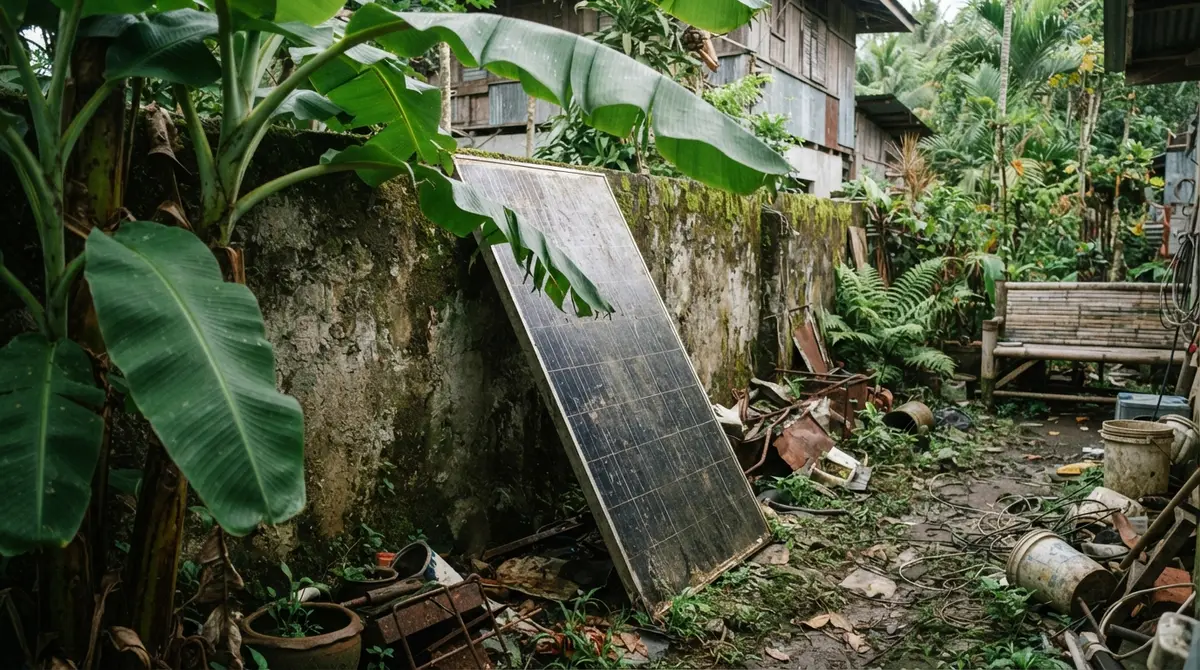 A retired solar panel leaning against a concrete wall in a lush tropical garden.