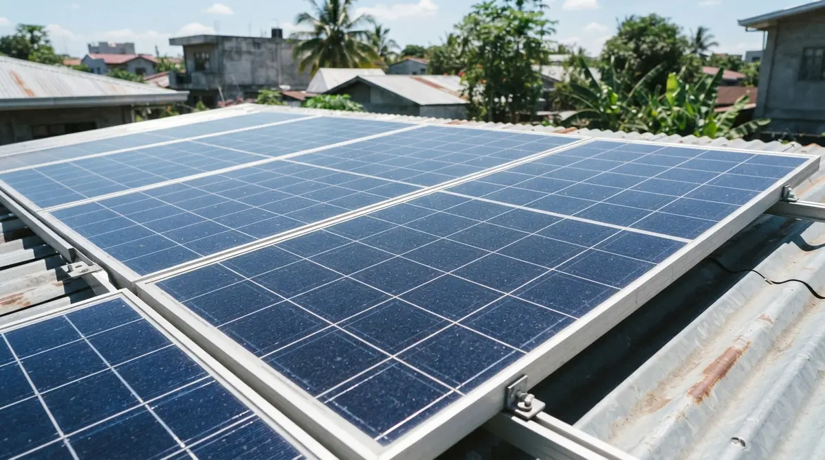 Close-up of a blue solar panel array shimmering under bright tropical sunlight on a metal roof.