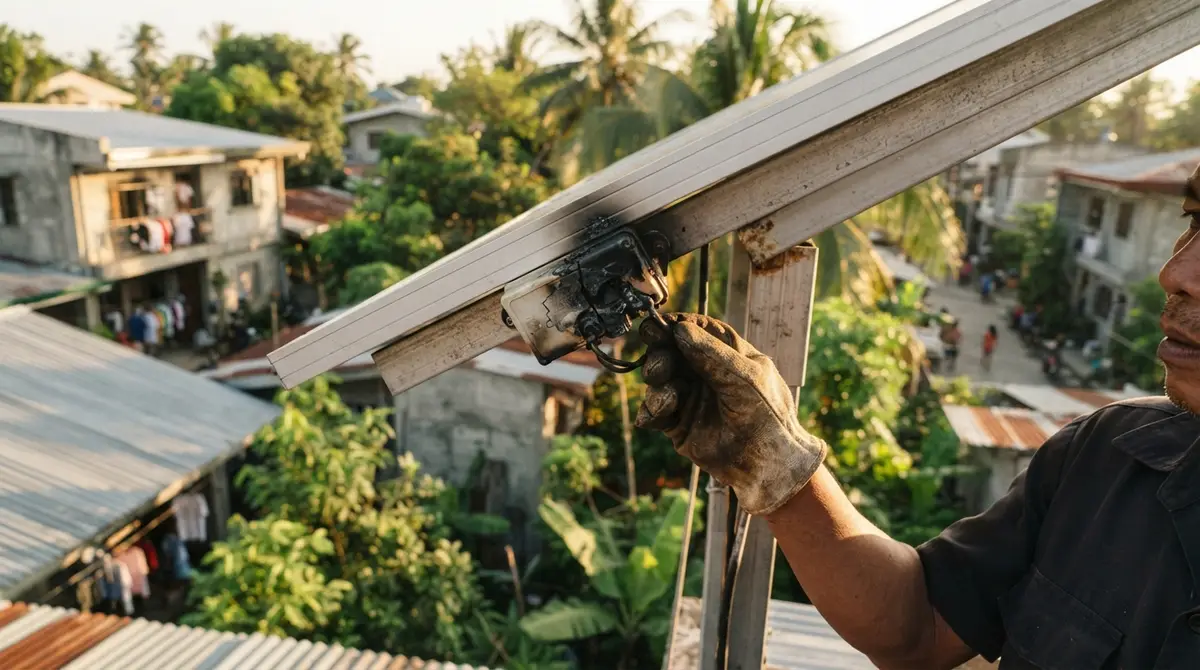 A gloved hand inspecting a scorched solar panel junction box on a residential roof.