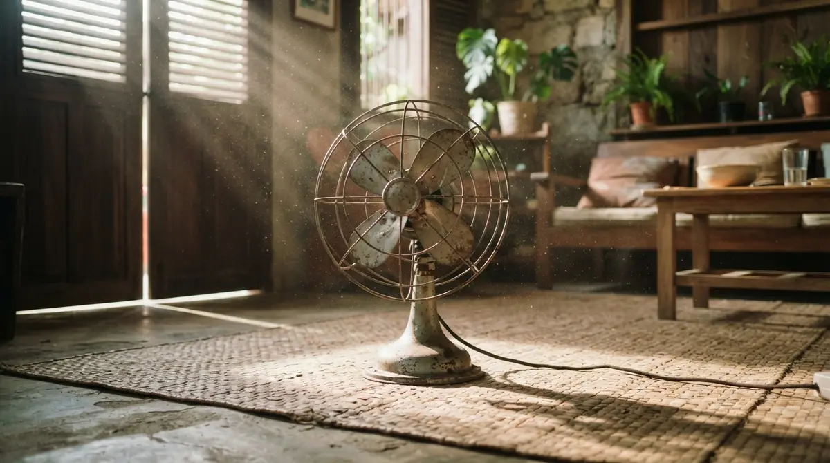 A metal electric fan stands on a woven mat in a sunlit room.