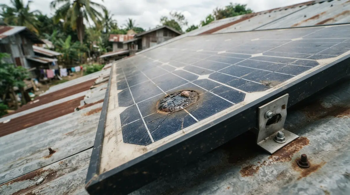 A scorched, bubbling brown mark on a single dark solar panel cell.