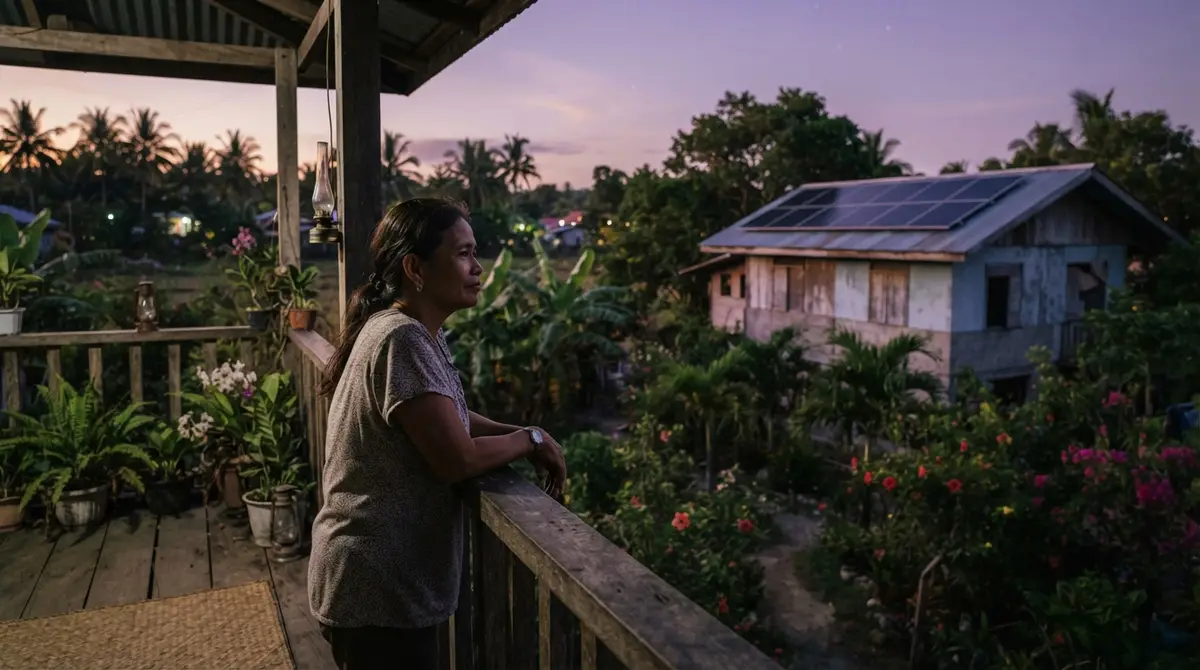 A woman looking at a house with solar panels on the roof at twilight.