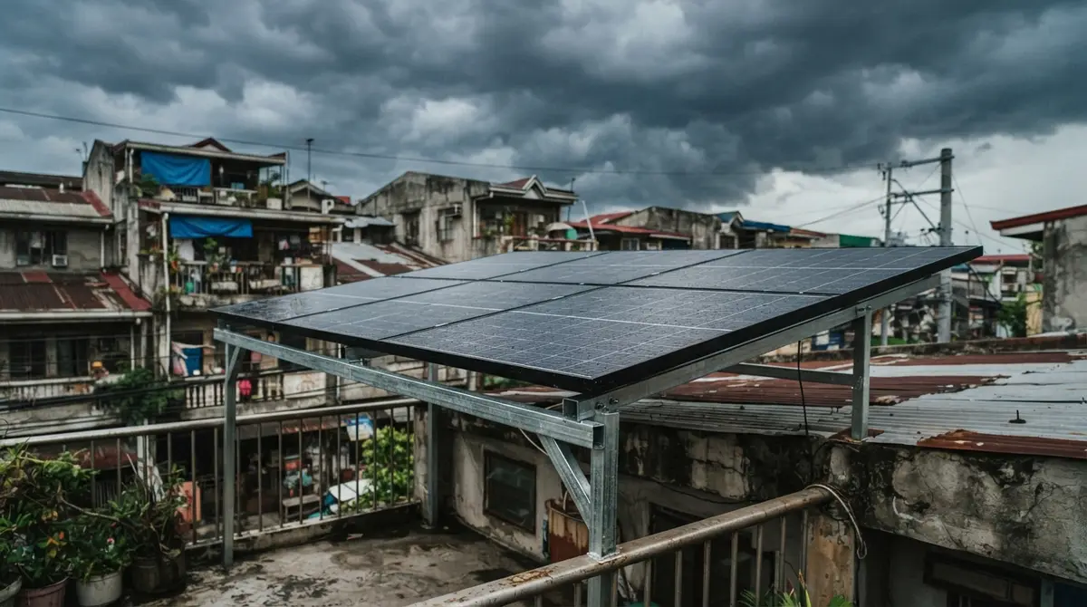 Solar panels on a residential roof under dark, threatening storm clouds.