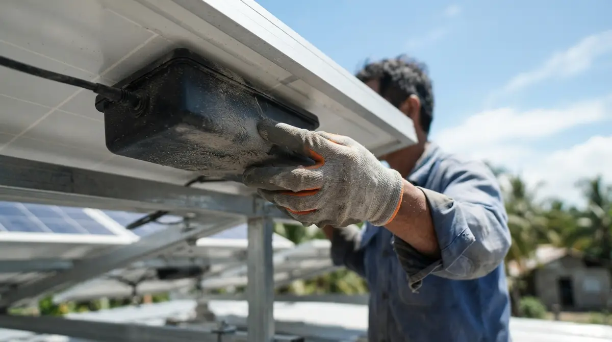 Close-up of a gloved hand cleaning the back of a rooftop solar panel junction box.
