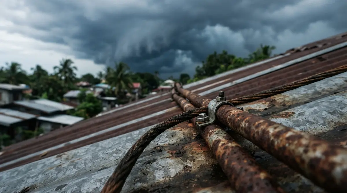 Close-up of a thick grounding wire and rusted conduit on a corrugated metal roof.