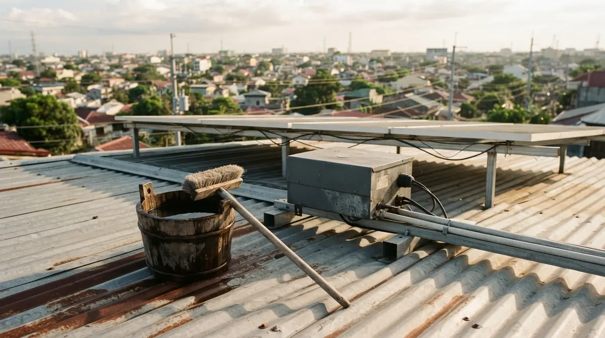 A cleaning brush and bucket resting on a sunny rooftop beside a dark solar inverter.
