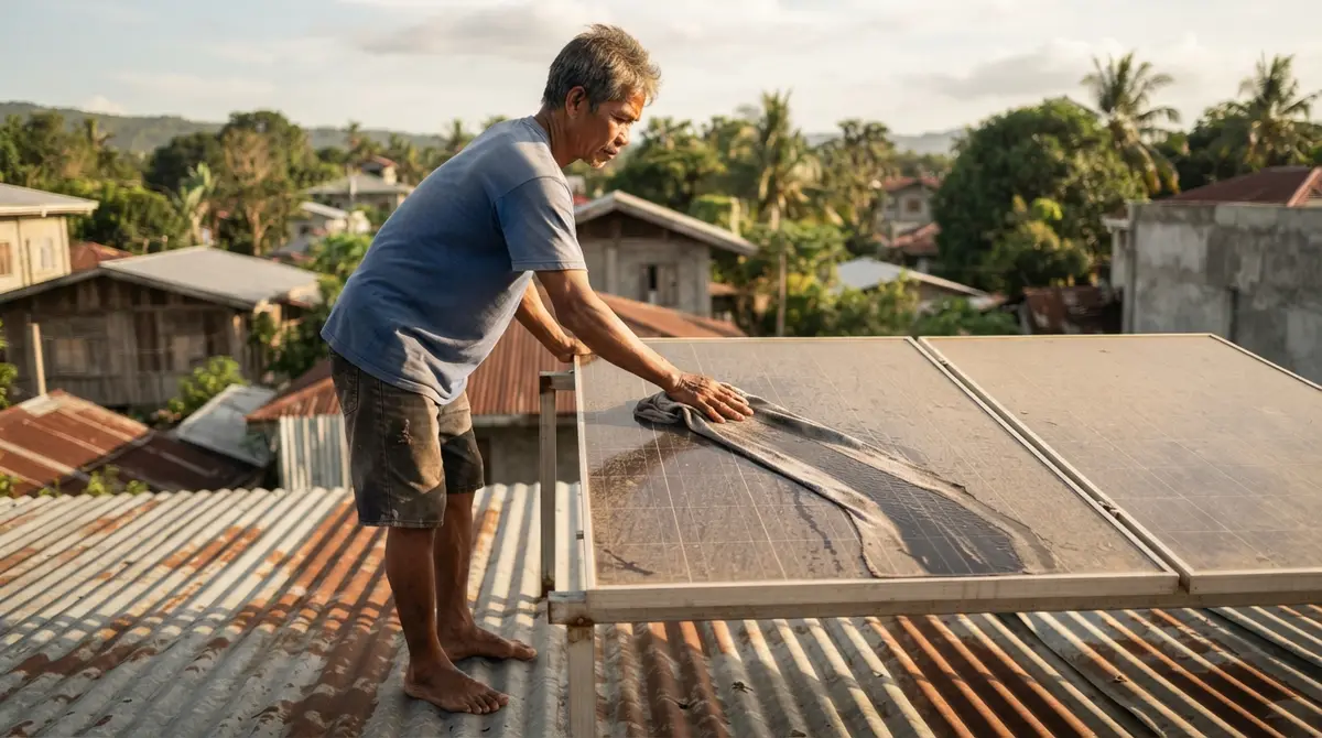 Worker cleaning dust from a solar panel on a corrugated metal roof.