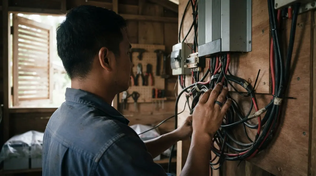 Hands trace thick electrical cables connected to a battery charge controller in a shed.
