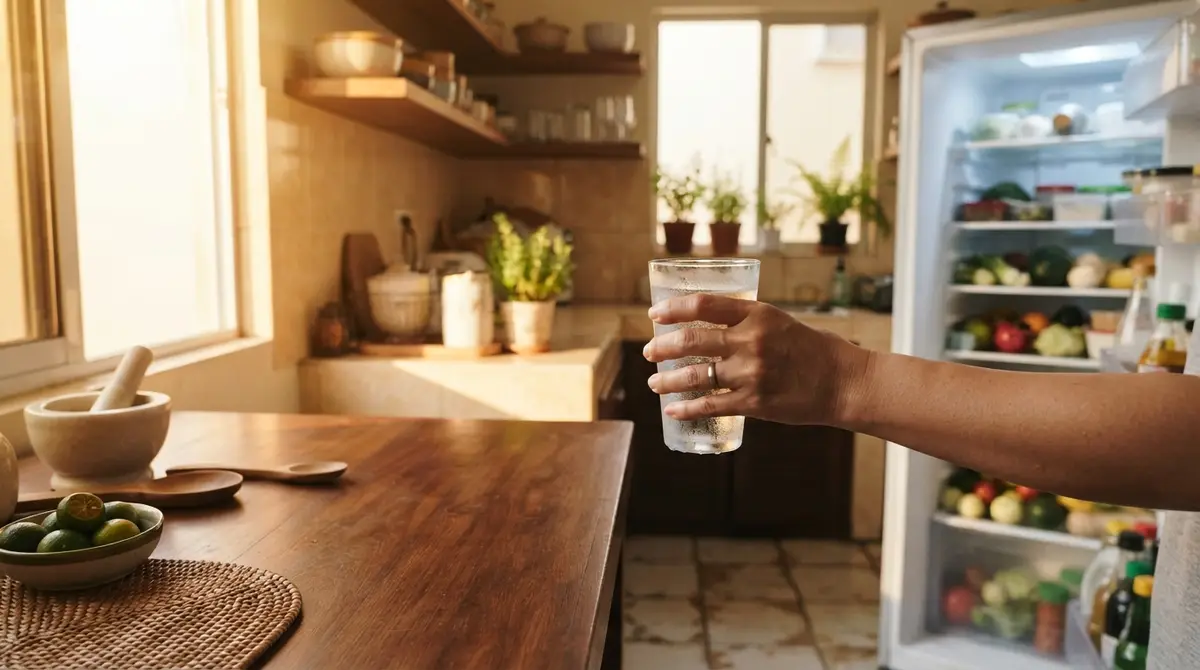 A hand opens a refrigerator door in a sunlit kitchen.