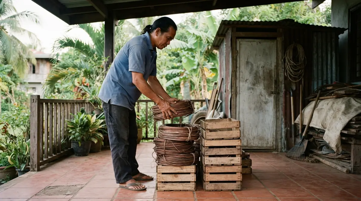 A person stacking wooden crates and electrical components on a sunlit residential veranda.