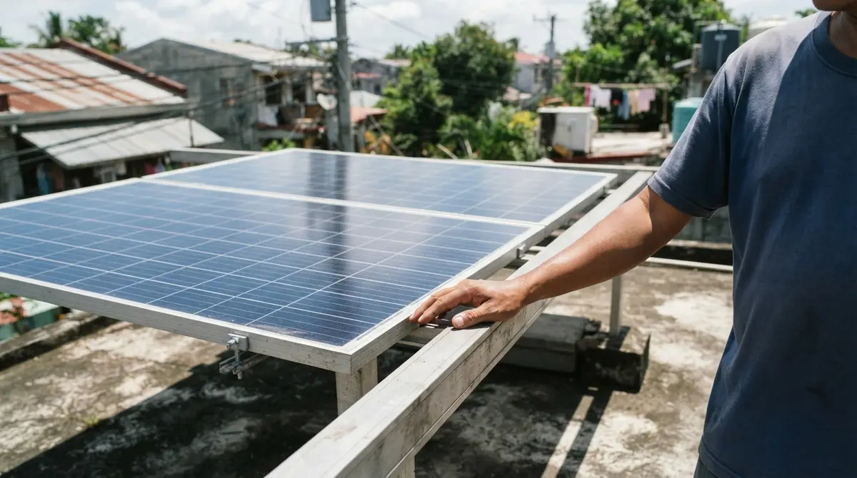 Close-up of rectangular solar panels on a rooftop under bright sunlight.