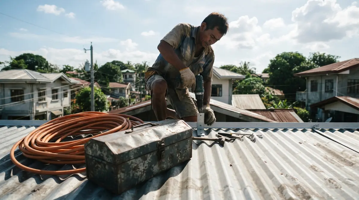 A tool bag and orange conduit sit on a corrugated roof under a bright sky.