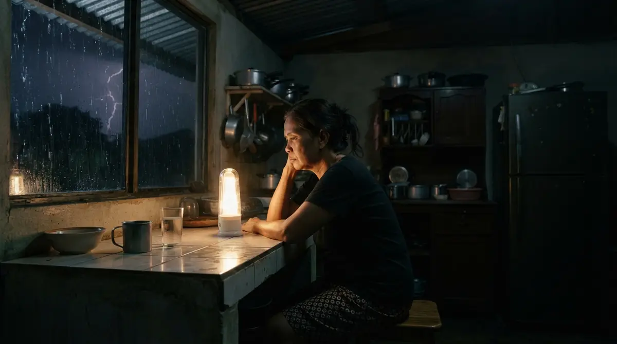 A person stands in a dim kitchen during a storm near a rain-streaked window.