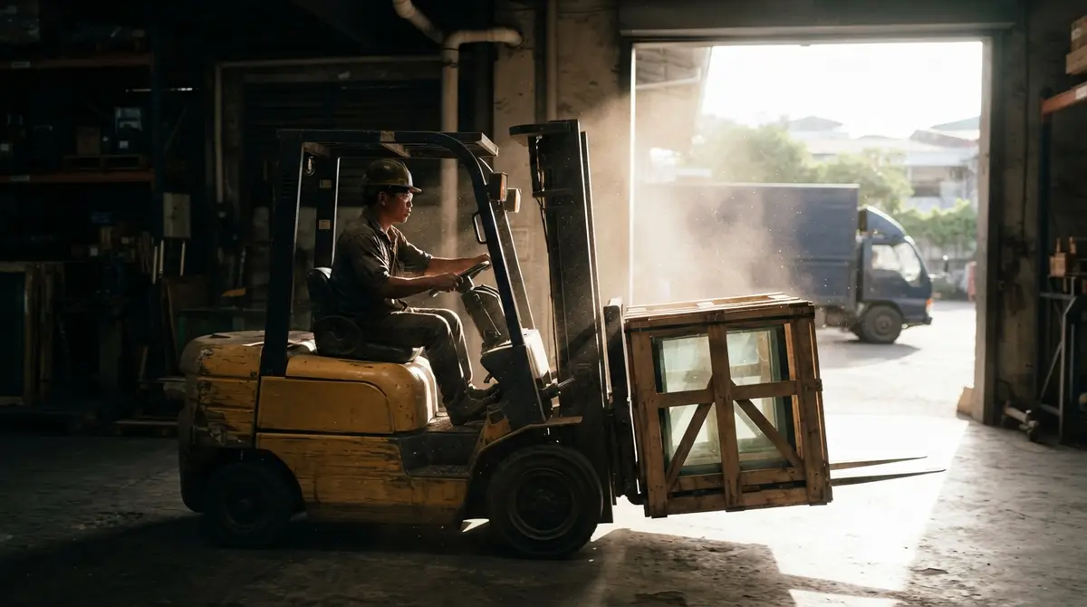 A warehouse worker maneuvers a wooden crate of solar panels toward a bright loading bay.
