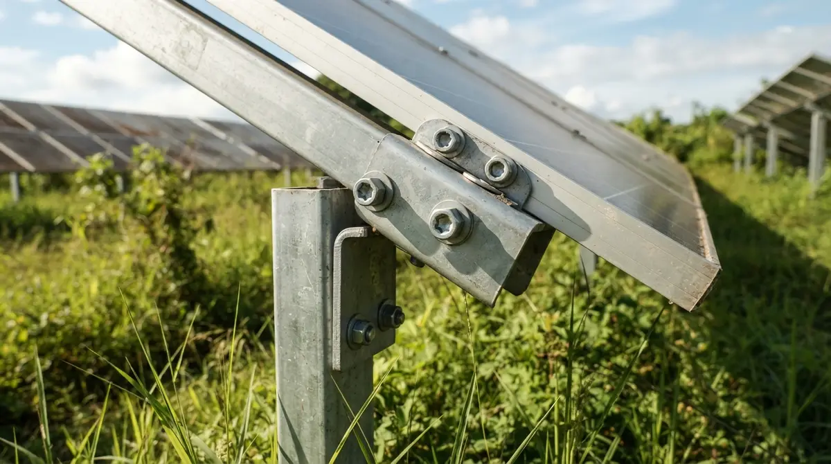 Tamper-resistant bolts and metal brackets securing solar panels to a ground mount frame.