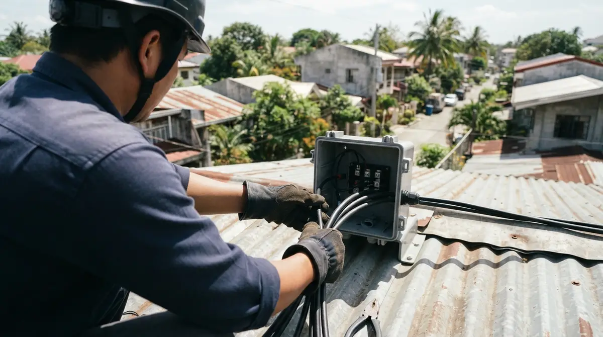 A technician connecting thick black electrical wires inside a junction box on a residential roof.
