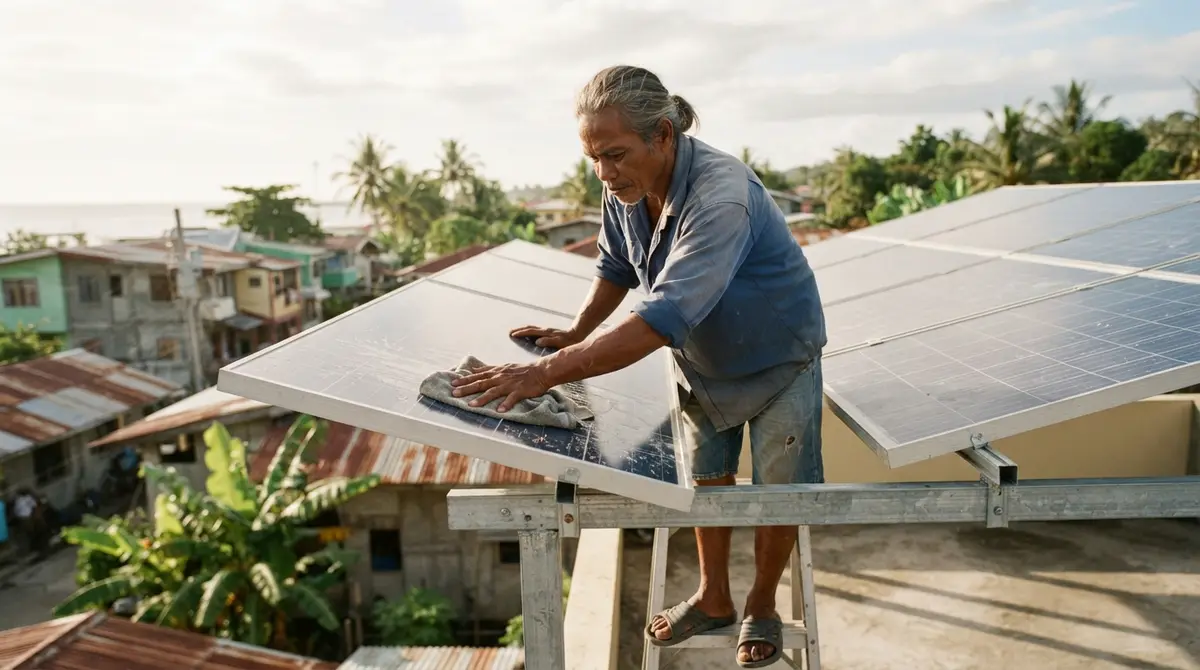 A worker cleaning a solar panel on a sunny residential rooftop in the Philippines.