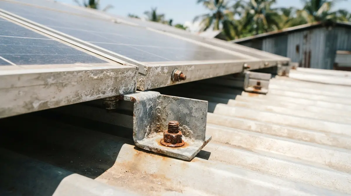 Rusted mounting bracket and metal bolts on a solar panel frame on a roof.