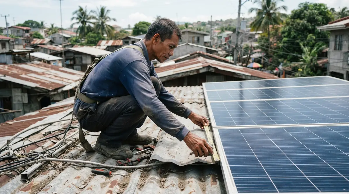 Worker measuring available roof space beside a dense installation of solar panels.