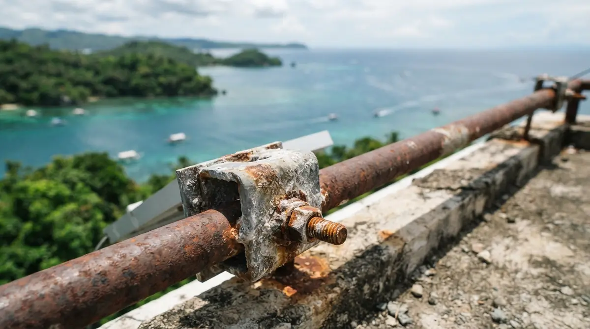 A rusted metal solar panel mounting bracket and bolt on a weathered rooftop rail.