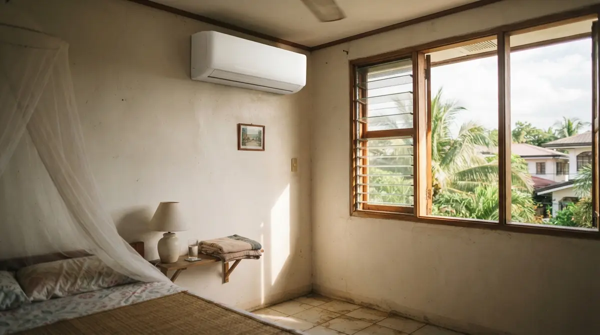 A wall-mounted air conditioner in a bedroom with natural light through jalousie windows.