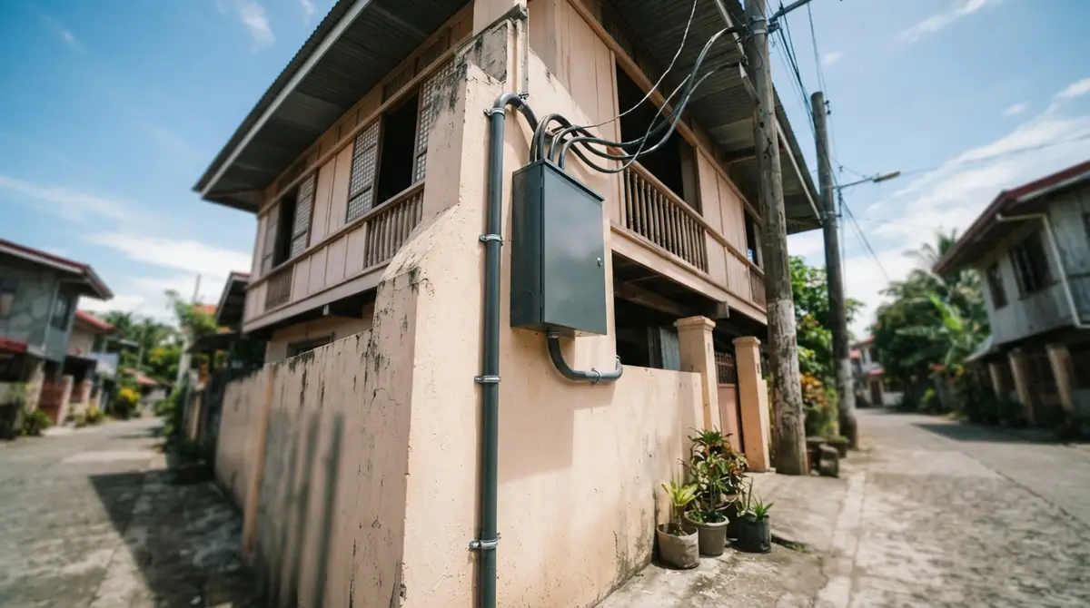 A thick metal conduit pipe running along an exterior wall toward an electrical breaker box.