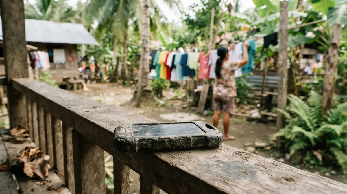 A portable solar power bank resting on a wooden porch railing under bright sunlight.