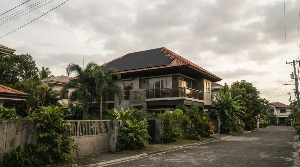 Uniform solar shingles integrated flush into a tiled residential roof under a cloudy sky.
