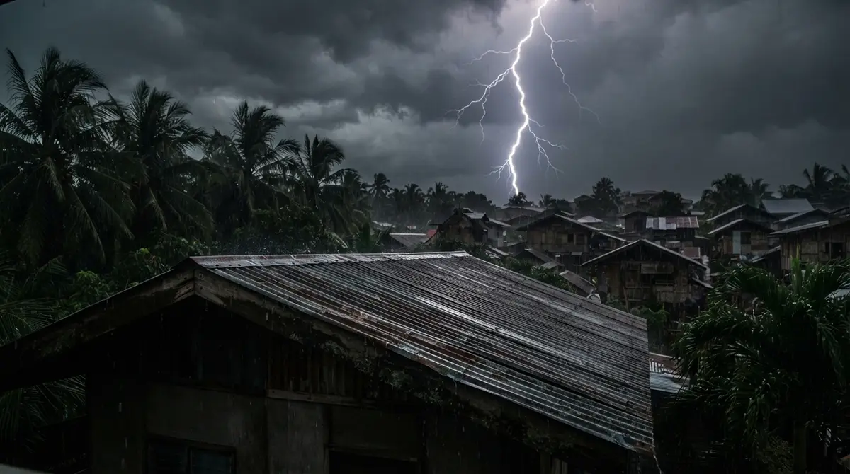 A bright lightning bolt strikes behind a dark tropical neighborhood under a heavy rainstorm.