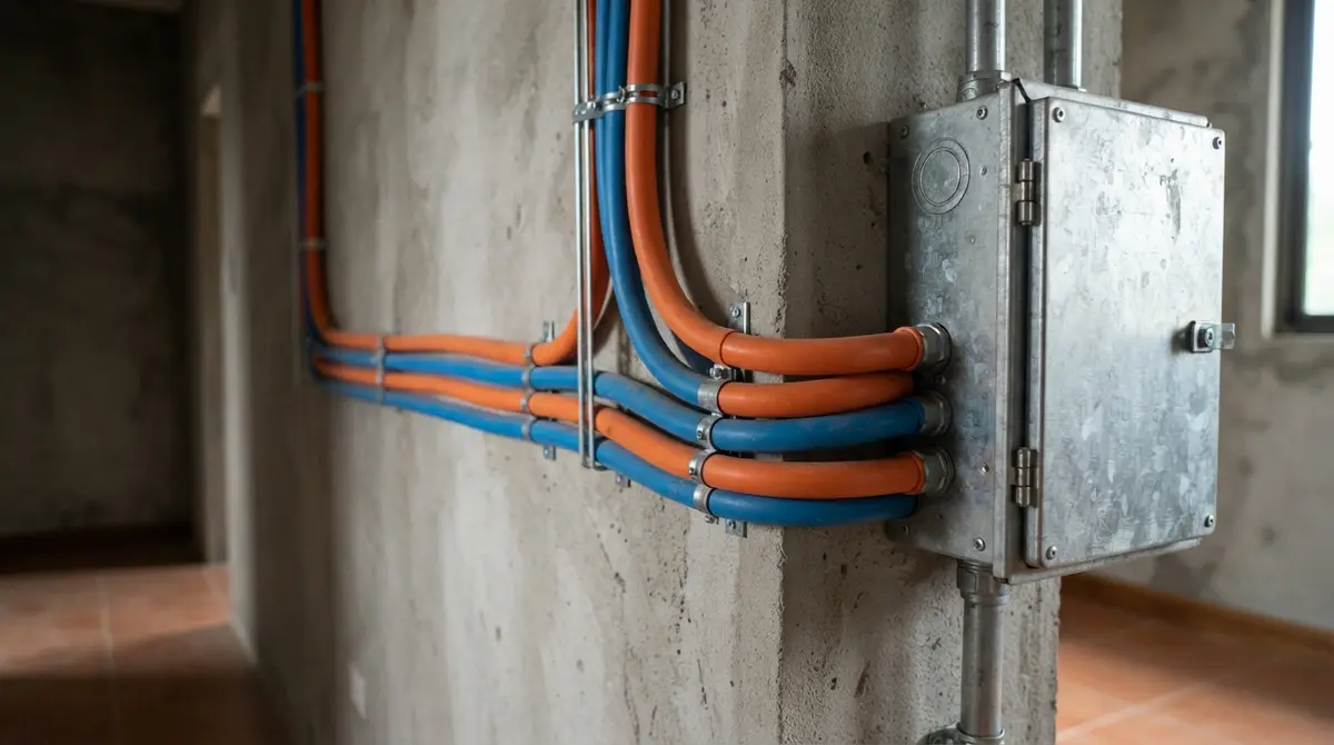 Colored electrical cables running along a concrete wall toward a metal box.