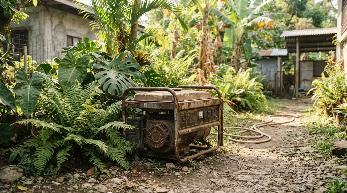A rusted, unused portable generator sits idle in a bright, grassy backyard near lush plants.