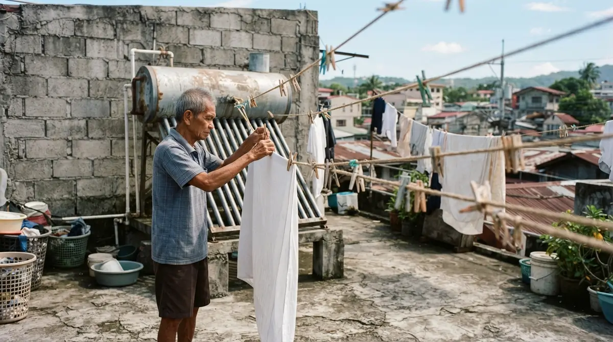 An older man hanging laundry on a roof next to a solar water heater tank.